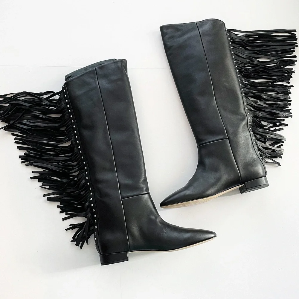 Saint Laurent Dana fringe stud knee high boots leather 8